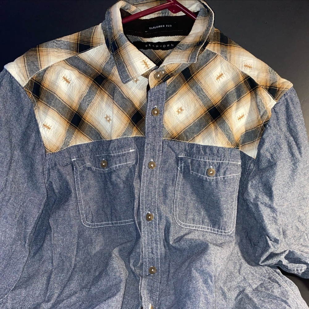 Sean John Blue Denim Shirt with Brown Plaid Accents